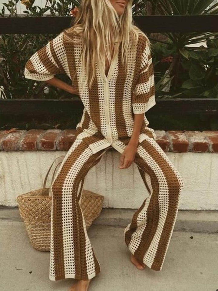 Loose V-Neck Fashion Hollow Out Striped Shirt Wide Leg Pants Set