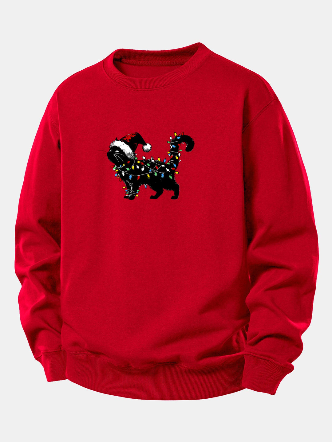 Christmas Colorful Light Black Cat Print Relax Fit Sweatshirt