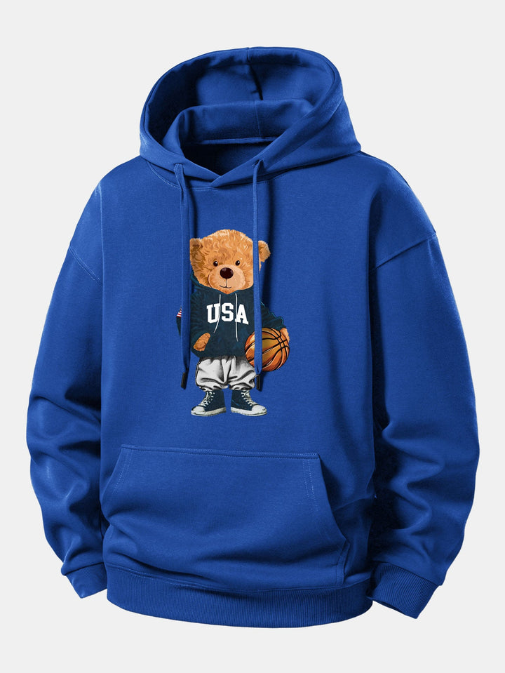 Basketball Bear Print Relax Fit Drawstring Hoodie