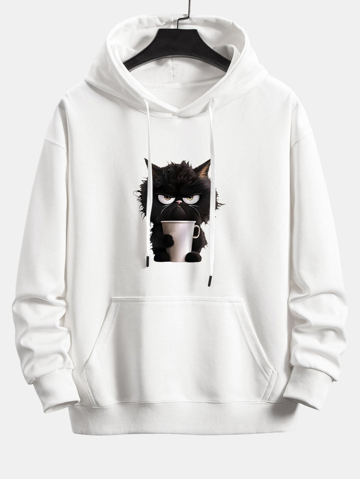 Black Cat Drinking Coffee Print Relax Fit Hoodie