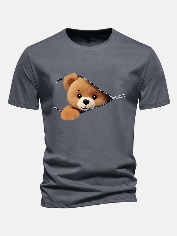 Regular Fit Zipper Bear Print Cotton T-Shirt