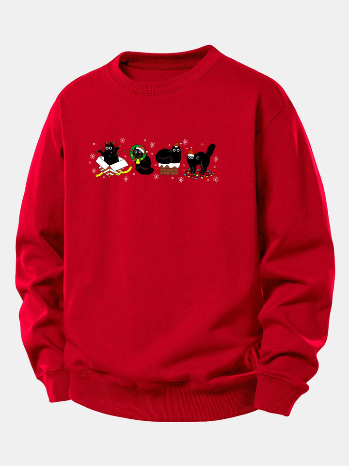 Christmas Black Cat Print Relax Fit Sweatshirt