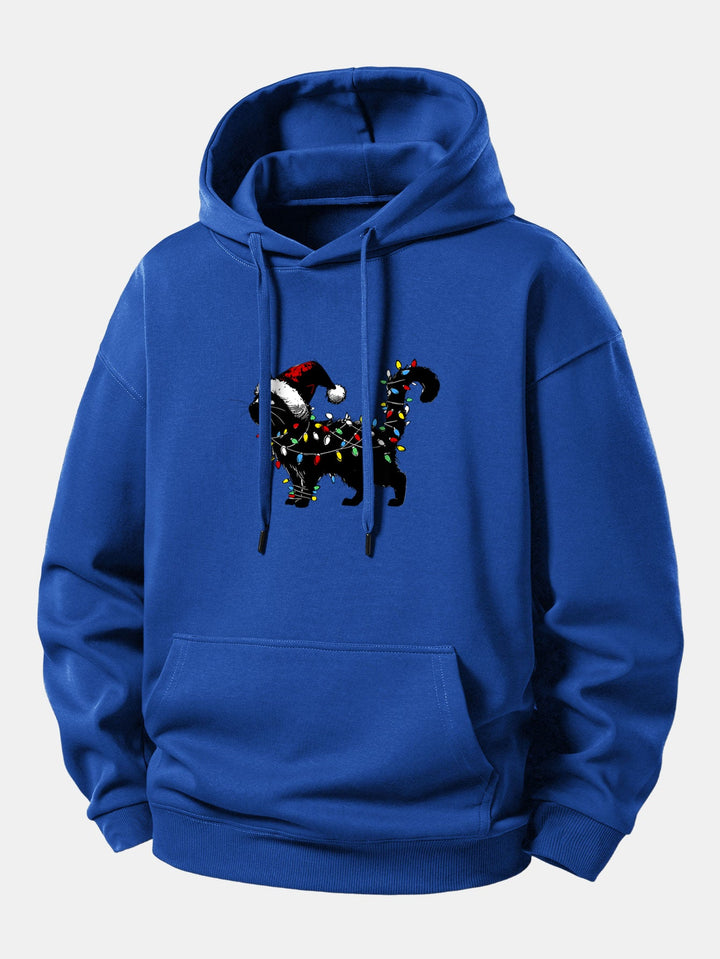 Christmas Colorful Light Black Cat Print Relax Fit Hoodie