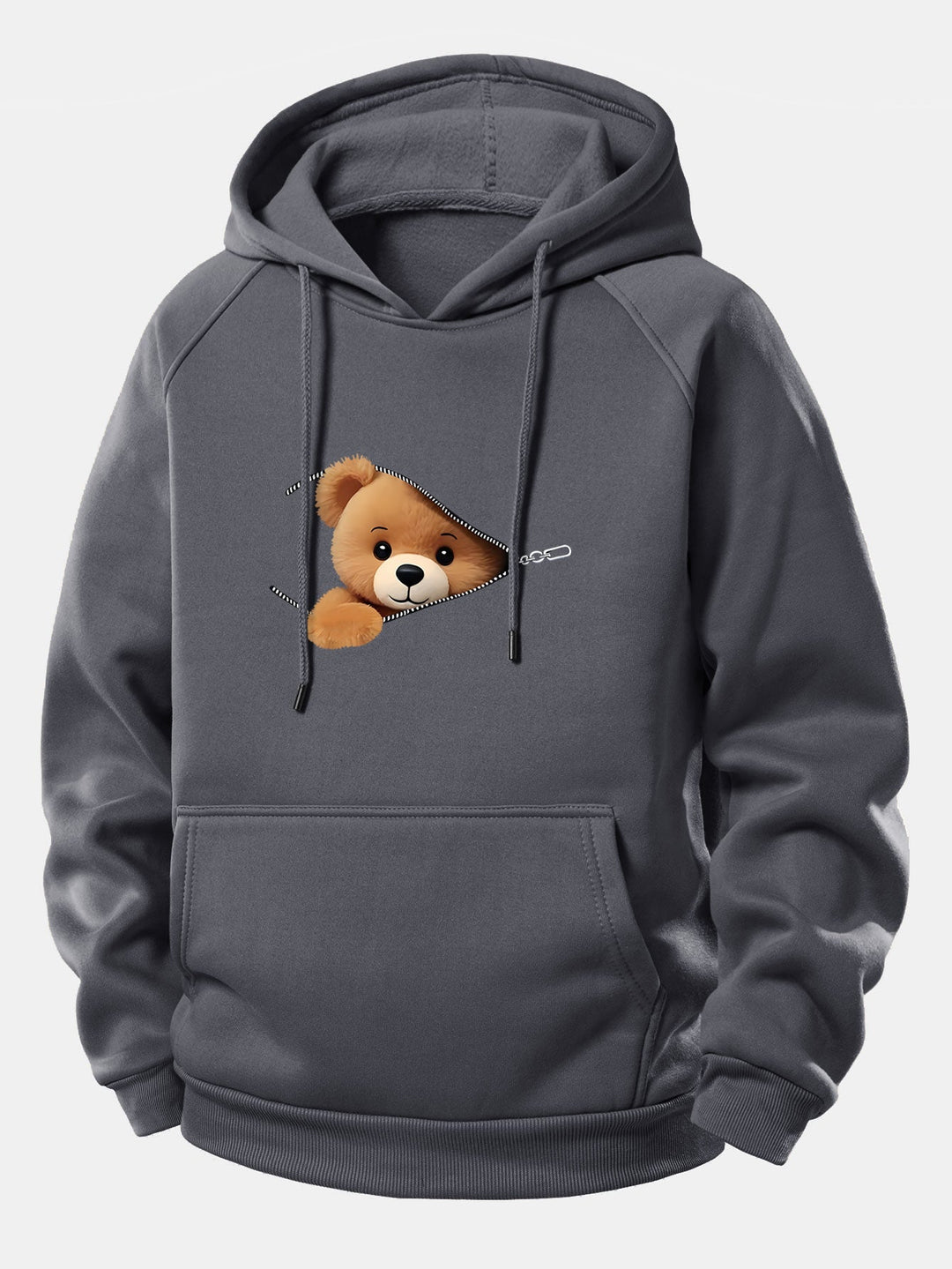 Zipper Bear Print Drawstring Hoodie