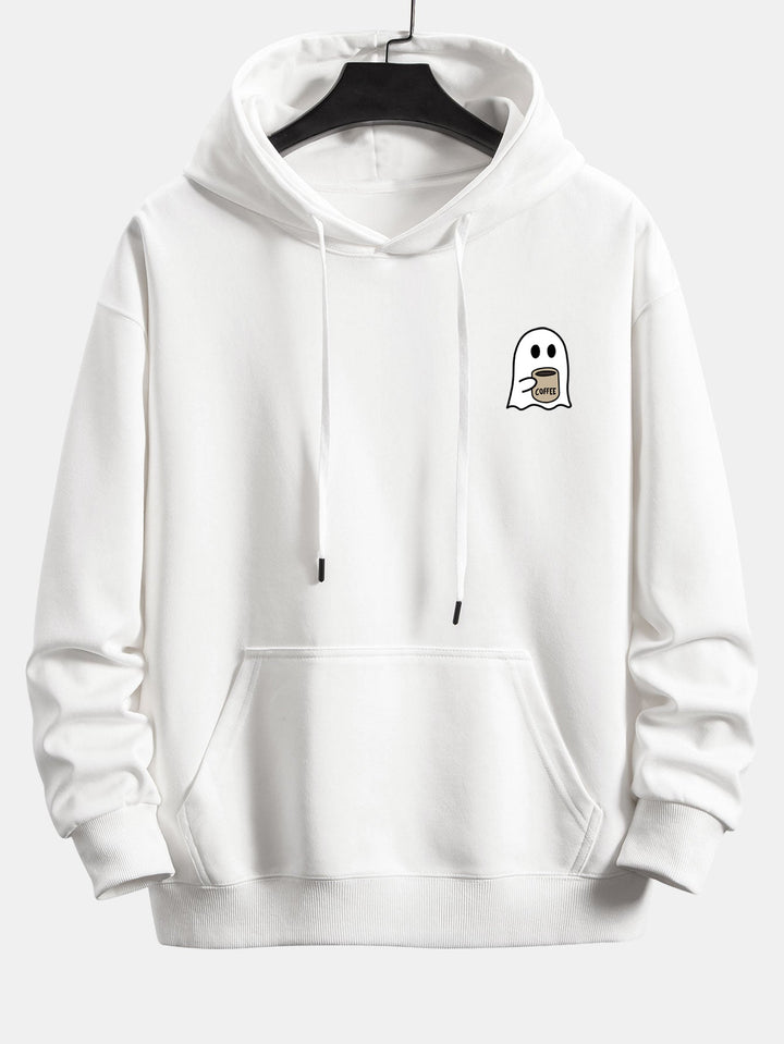Ghost Drinking Coffee Print Relax Fit Hoodie