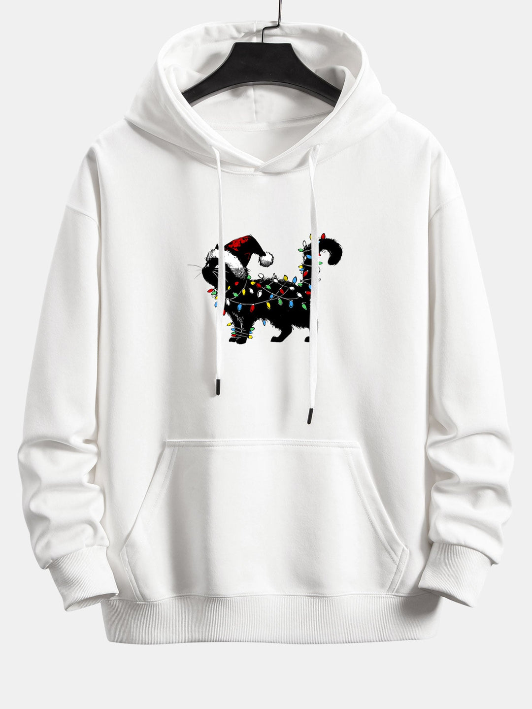 Christmas Colorful Light Black Cat Print Relax Fit Hoodie