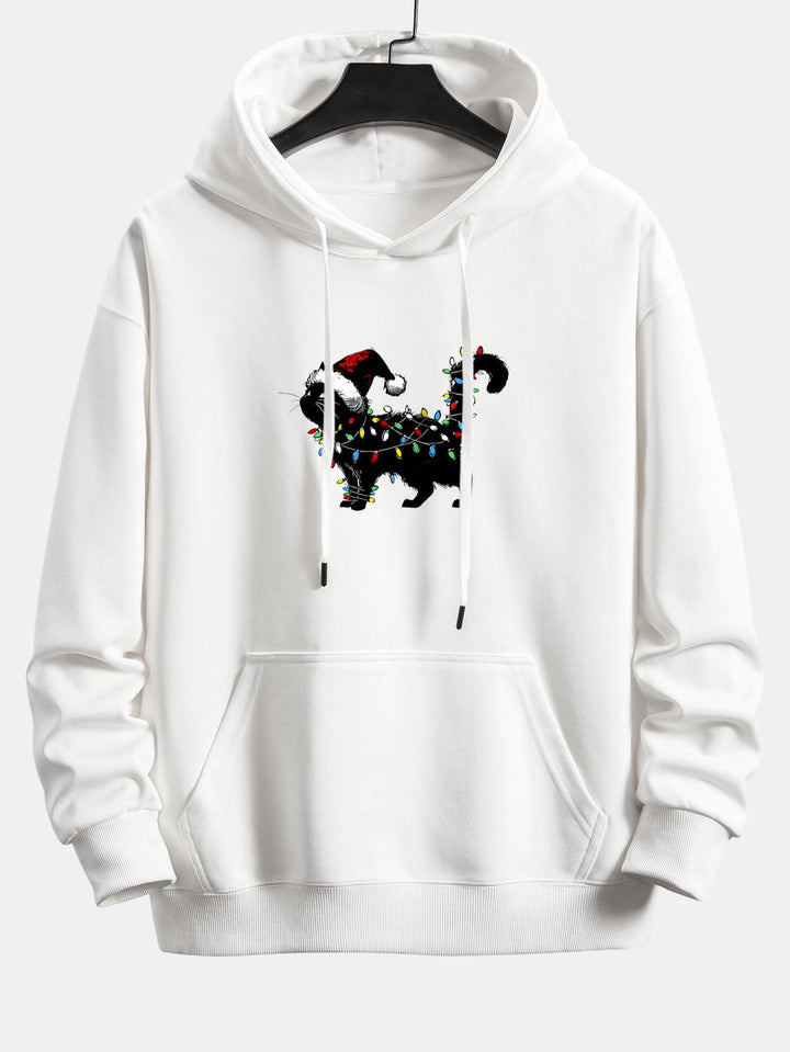Christmas Colorful Light Black Cat Print Relax Fit Hoodie