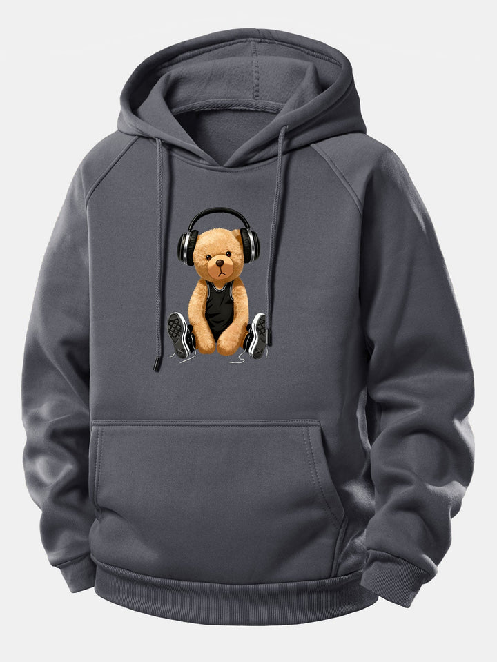 Headphone Bear Print Drawstring Hoodie