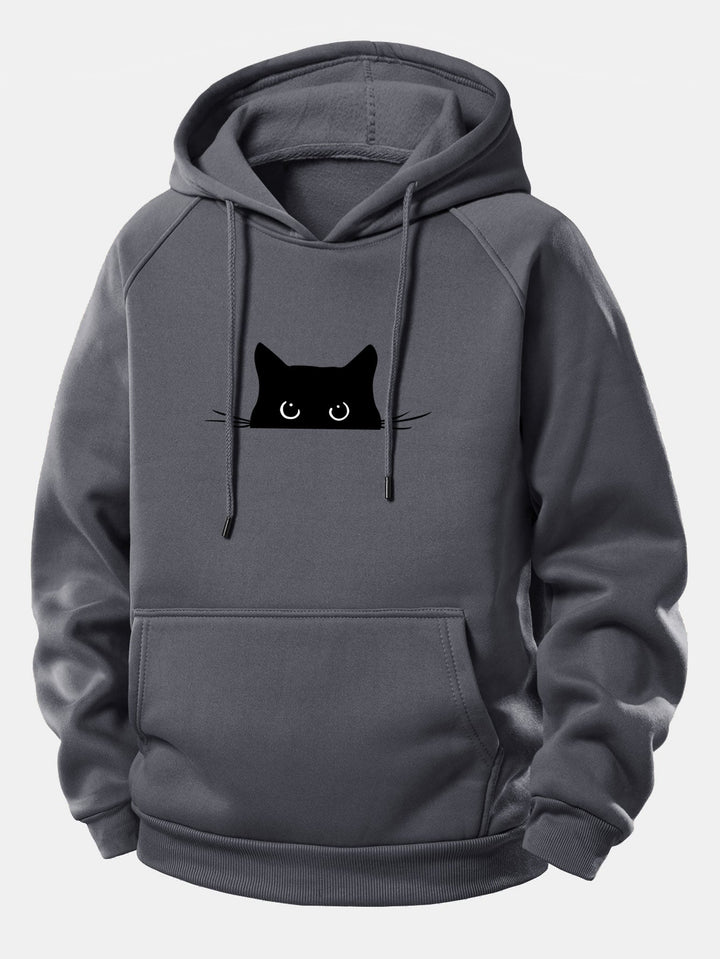 Black Cat Print Drawstring Hoodie