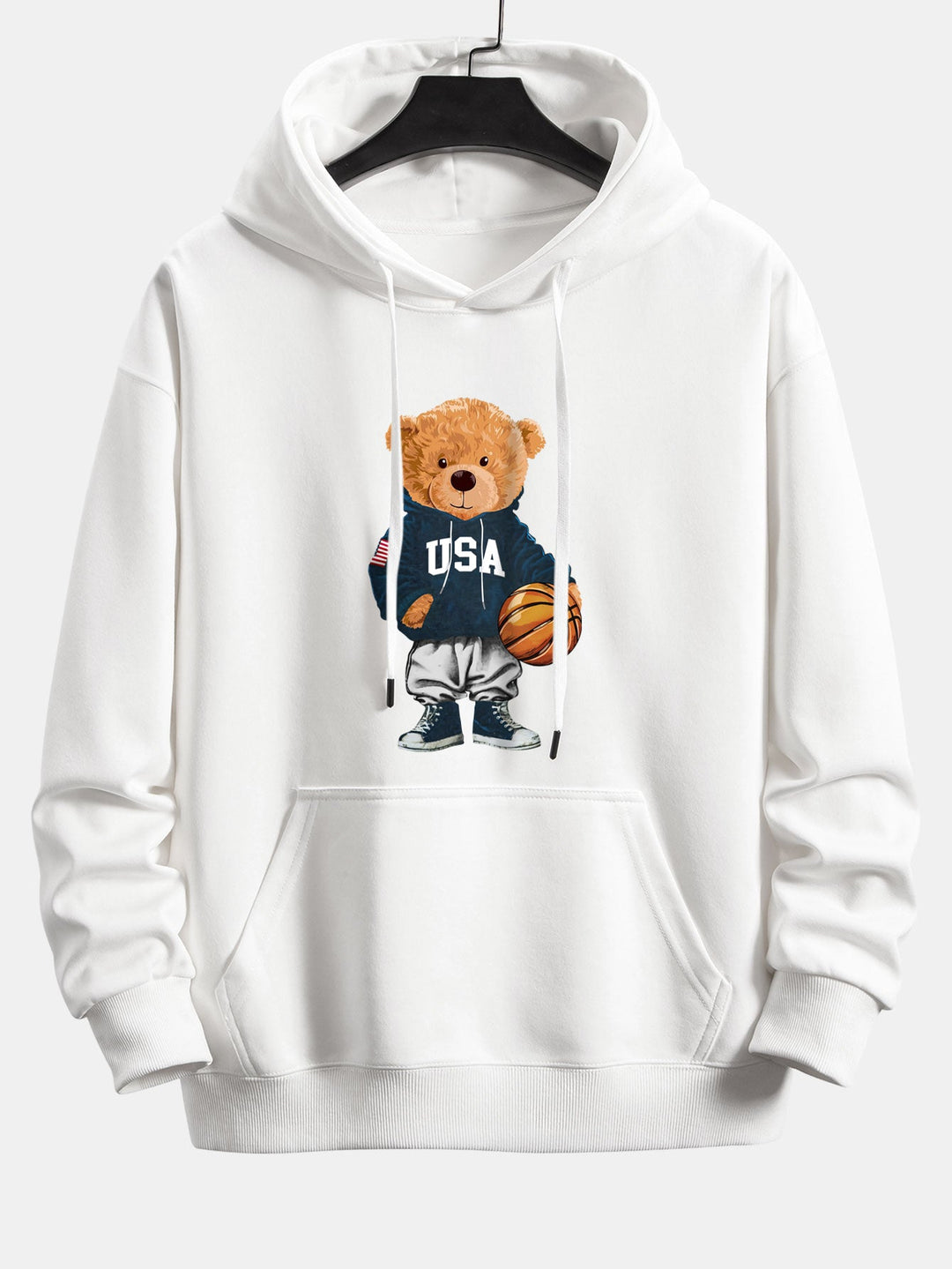 Basketball Bear Print Relax Fit Drawstring Hoodie