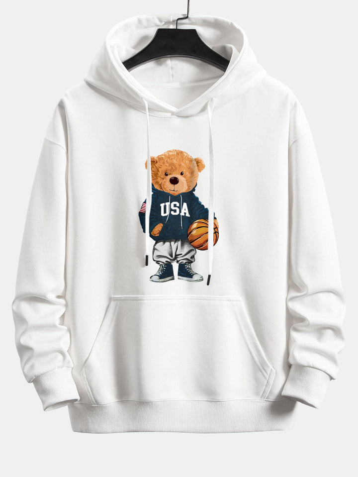 Basketball Bear Print Relax Fit Drawstring Hoodie