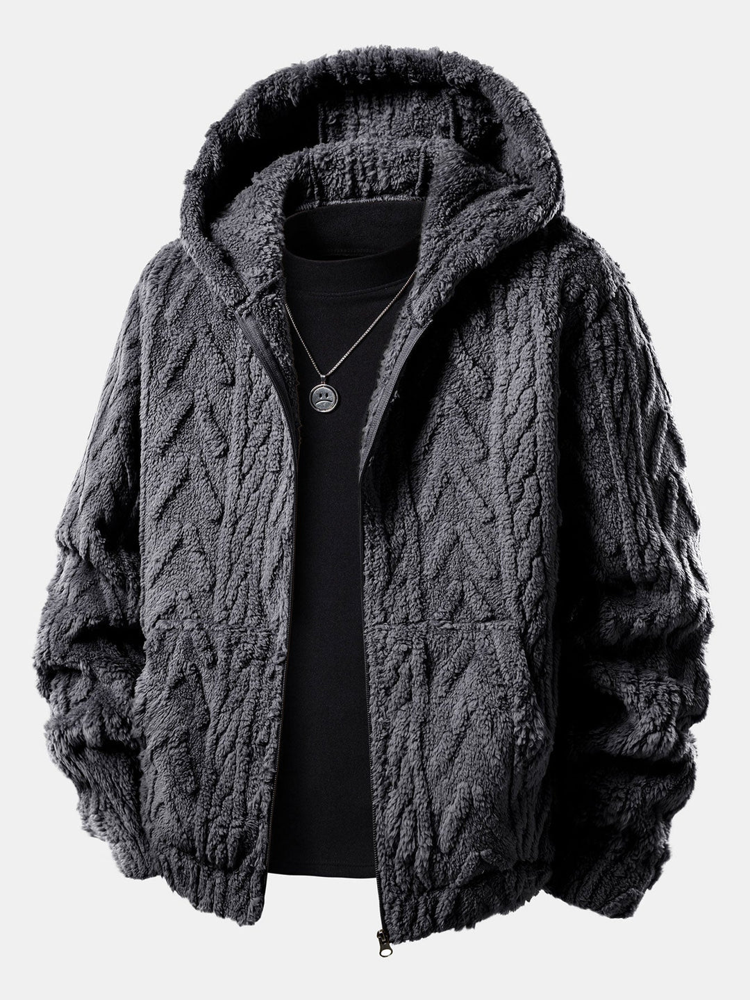 Geometric Jacquard Teddy Fleece Zip Up Hoodie