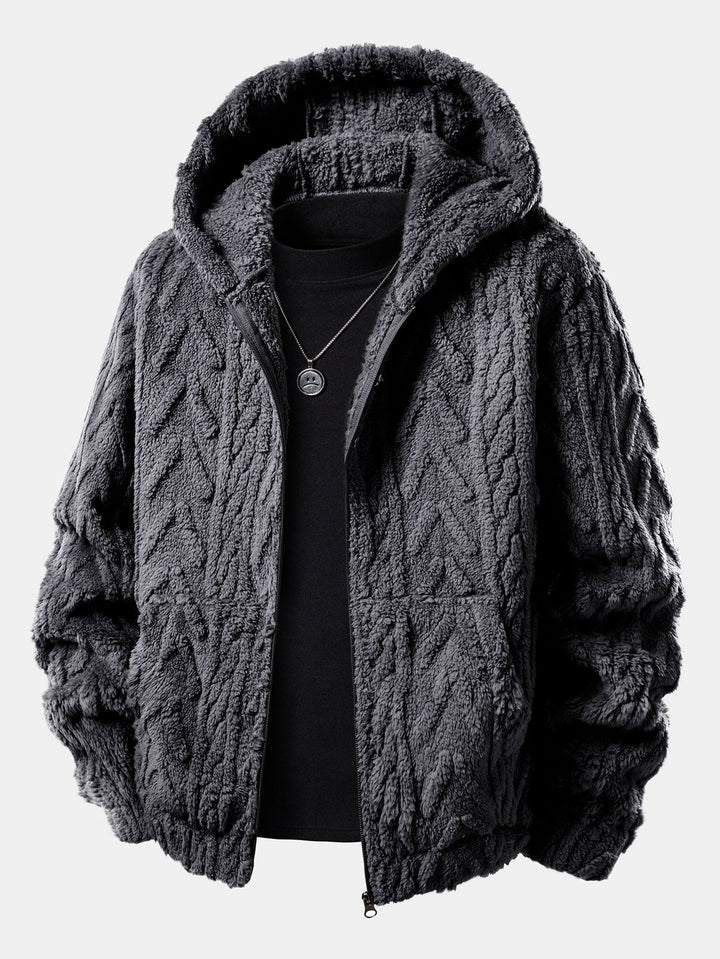Geometric Jacquard Teddy Fleece Zip Up Hoodie