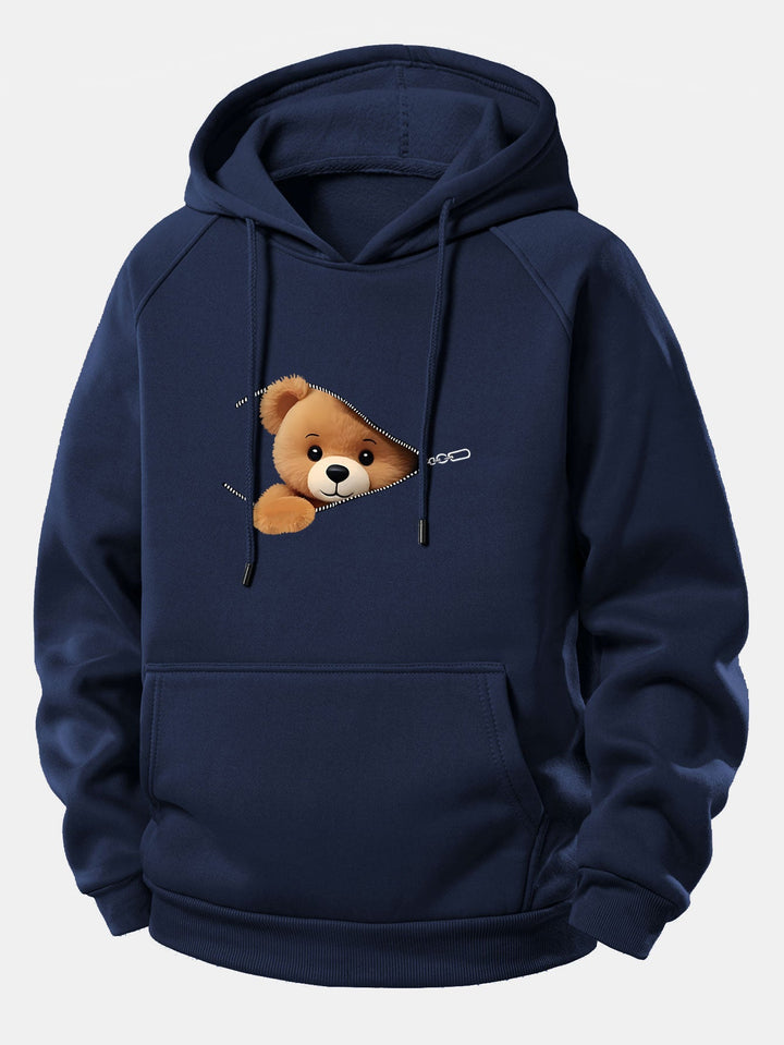 Zipper Bear Print Drawstring Hoodie