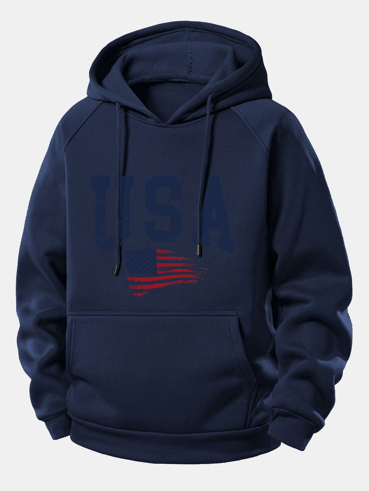USA Flag Print Drawstring Hoodie