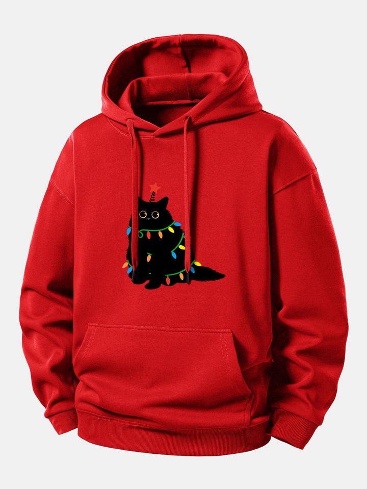 Colorful Light Black Cat Print Relax Fit Hoodie