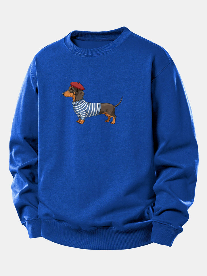 Dachshund Wearing Striped Sweater Print Relax Fit Sweatshirt
