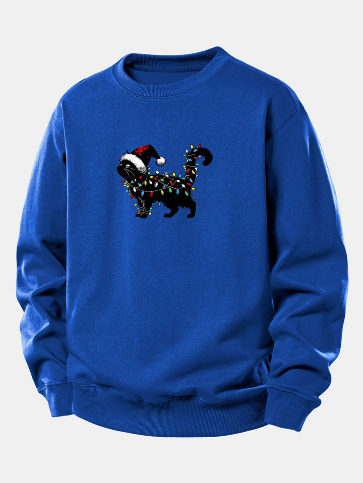 Christmas Colorful Light Black Cat Print Relax Fit Sweatshirt