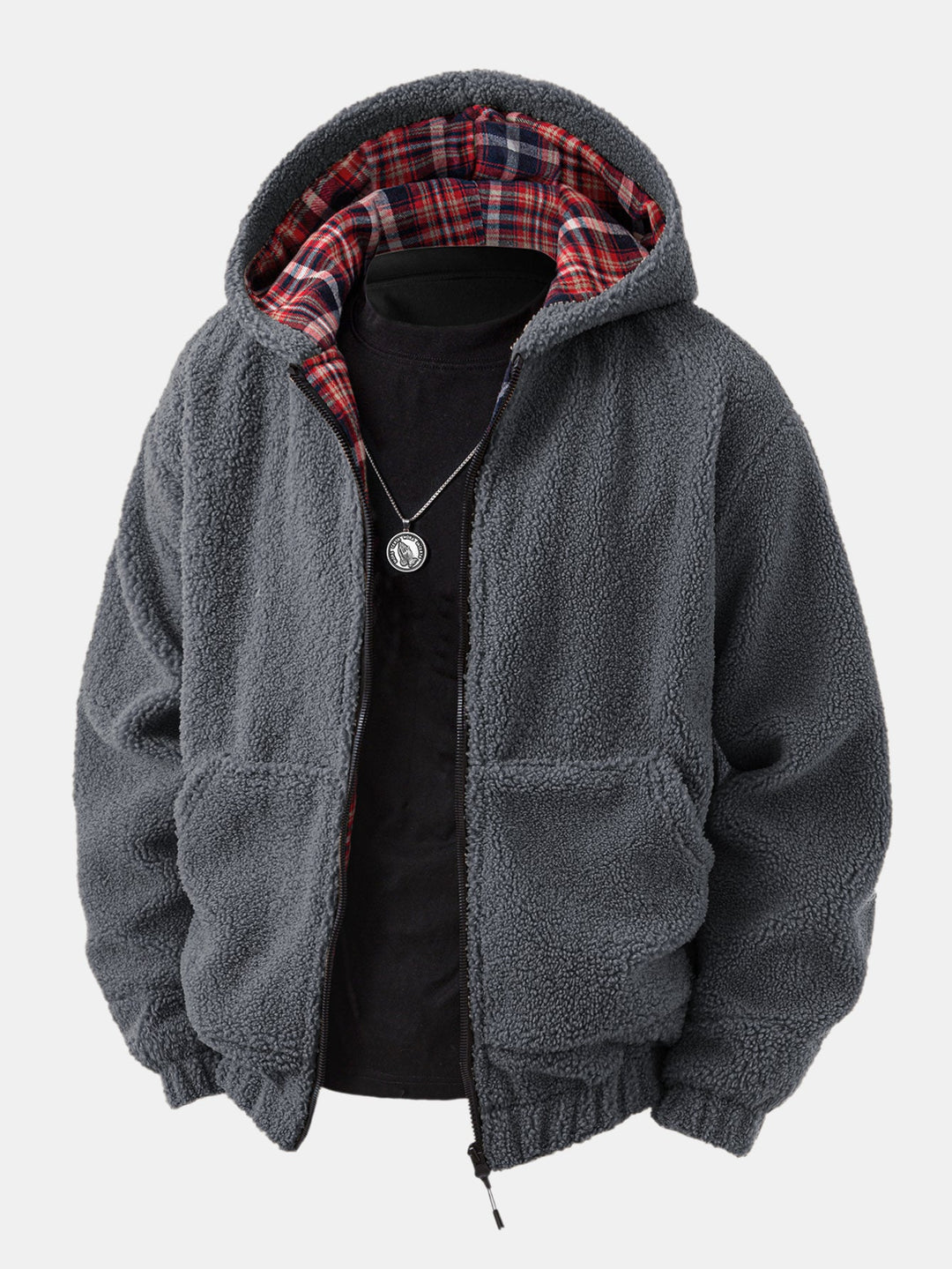 Contrast Plaid Teddy Zip-Up Hoodie