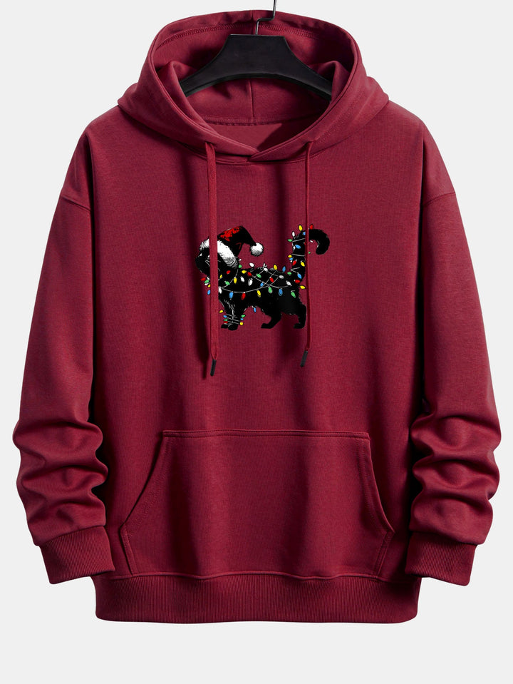 Christmas Colorful Light Black Cat Print Relax Fit Hoodie