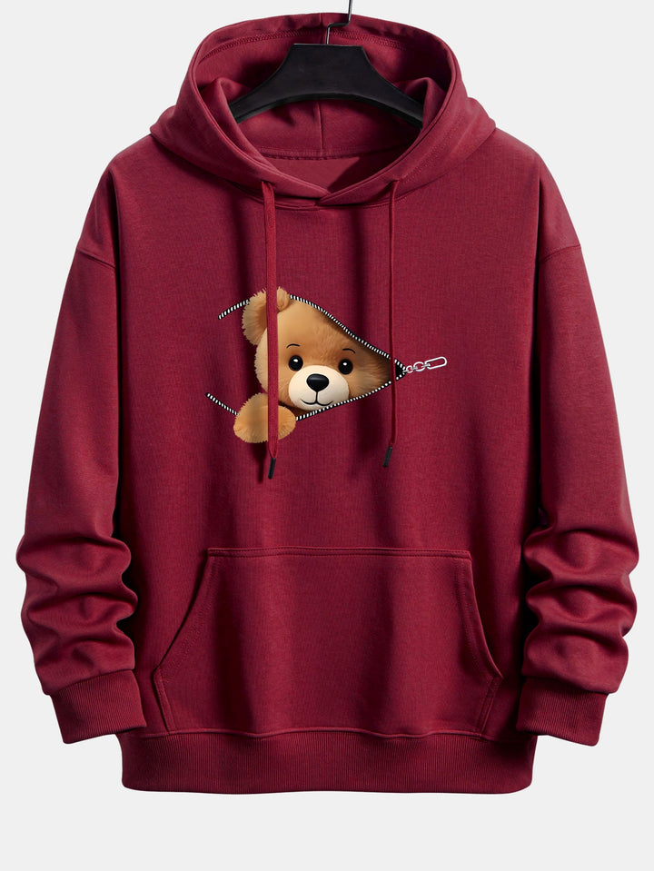 Zipper Bear Print Relax Fit Hoodie