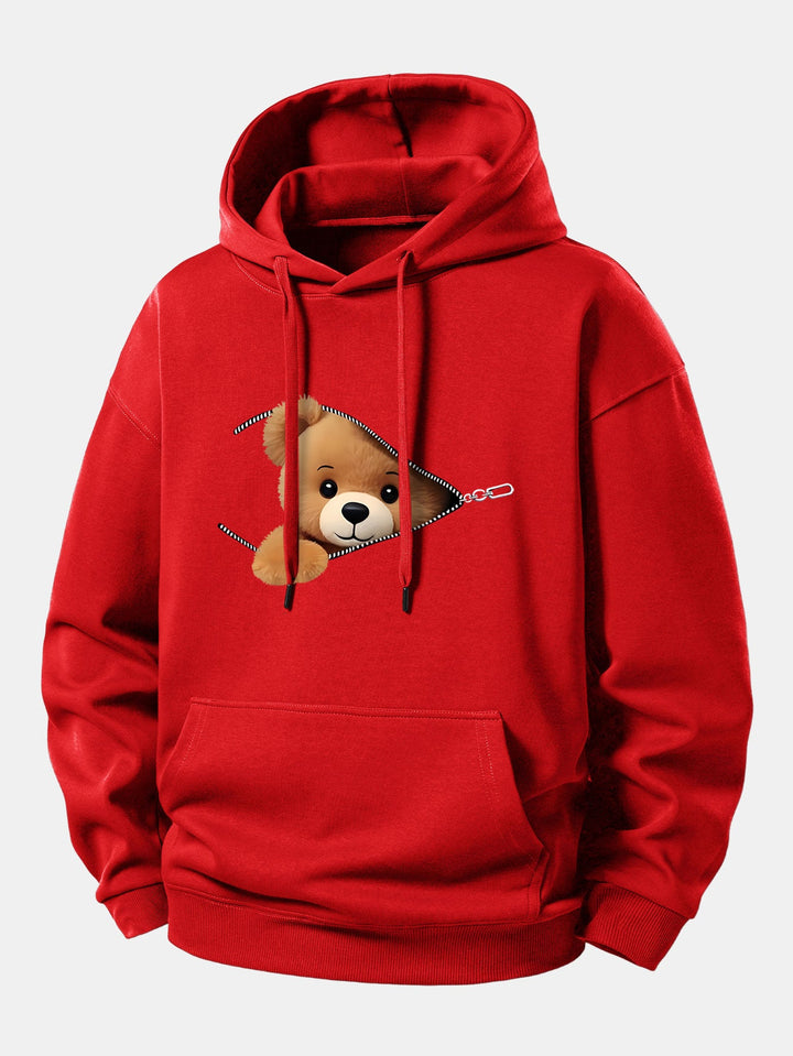 Zipper Bear Print Relax Fit Hoodie