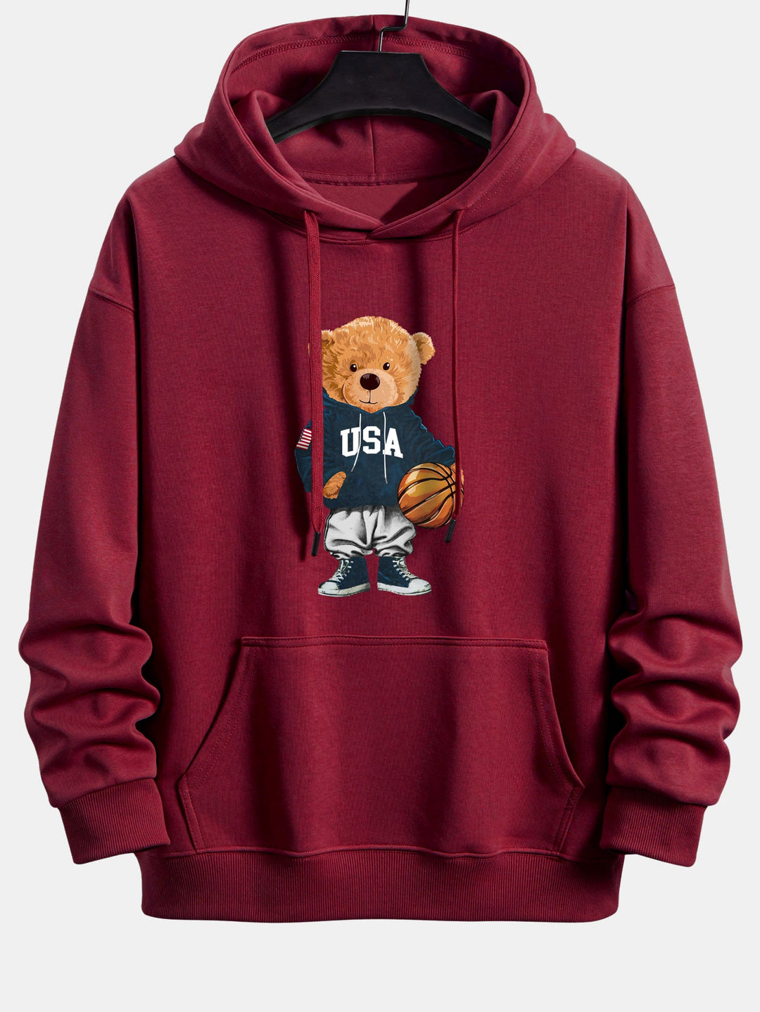 Basketball Bear Print Relax Fit Drawstring Hoodie