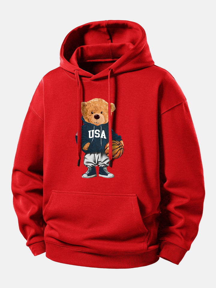 Basketball Bear Print Relax Fit Drawstring Hoodie