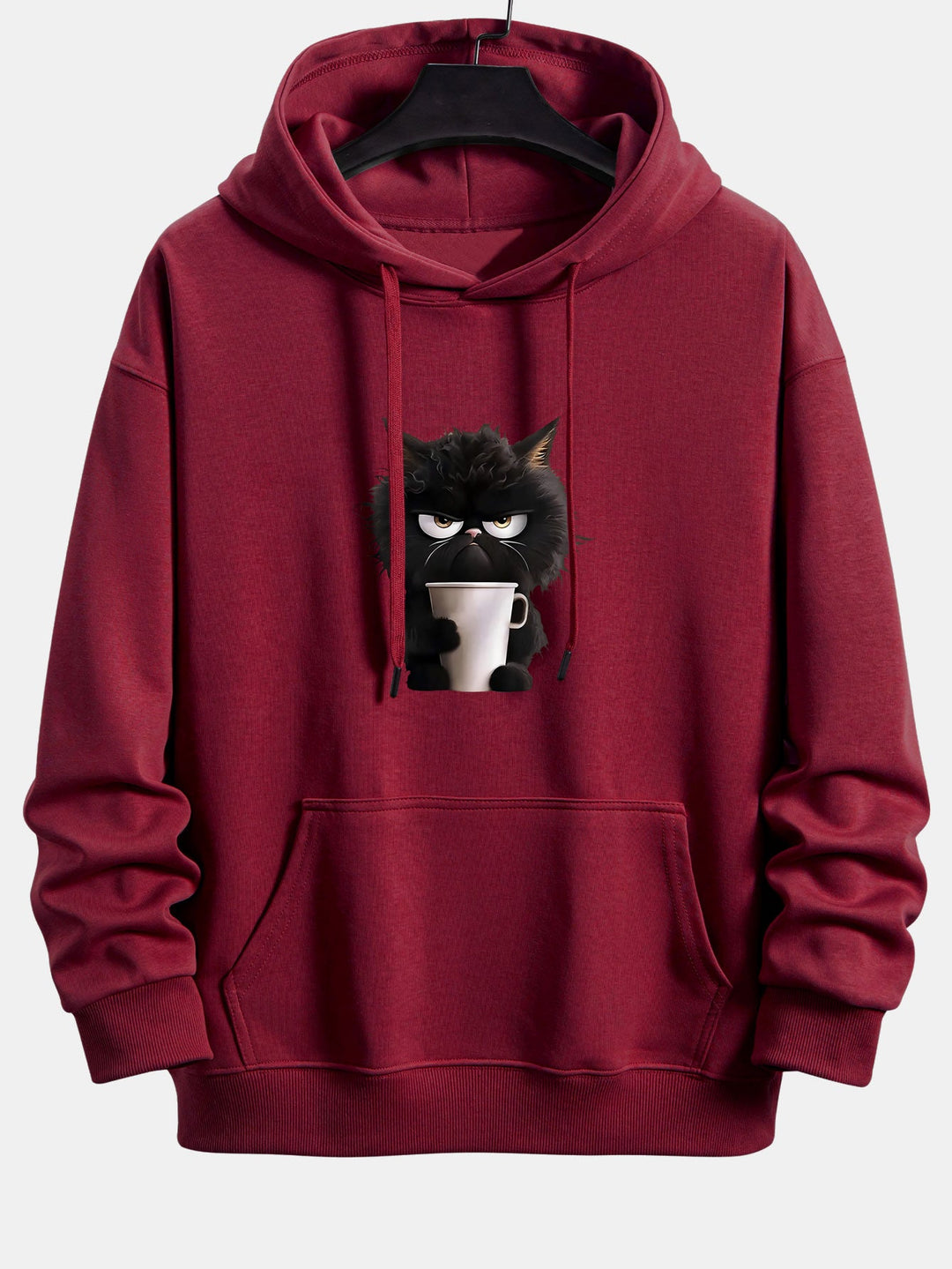Black Cat Drinking Coffee Print Relax Fit Hoodie