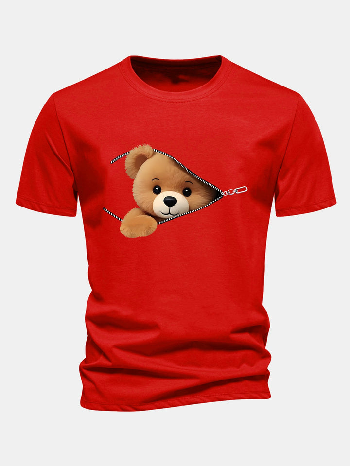 Regular Fit Zipper Bear Print Cotton T-Shirt