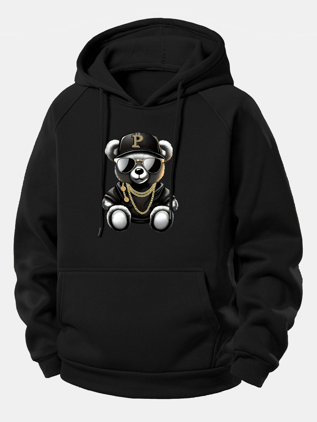 Hip Hop Bear Print Drawstring Hoodie