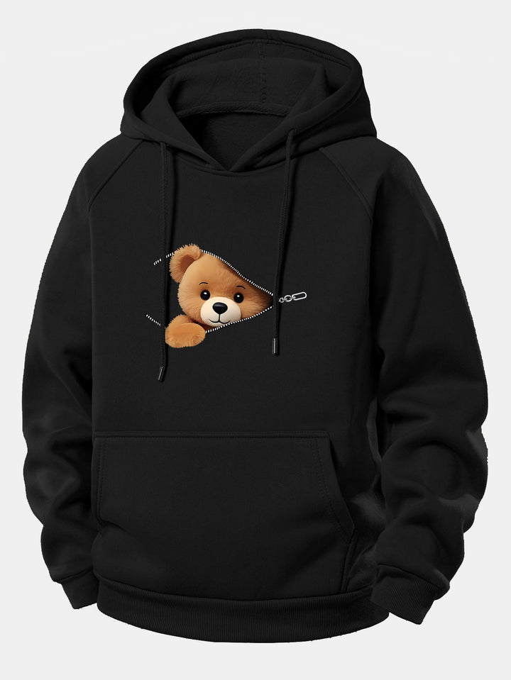 Zipper Bear Print Drawstring Hoodie