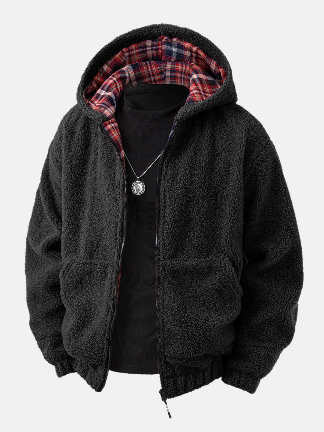 Contrast Plaid Teddy Zip-Up Hoodie