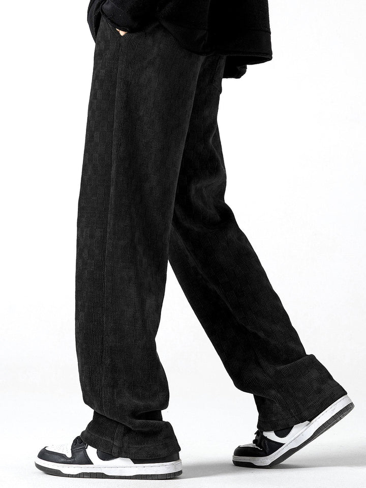 Calças de perna reta texturizadas em padrão xadrez