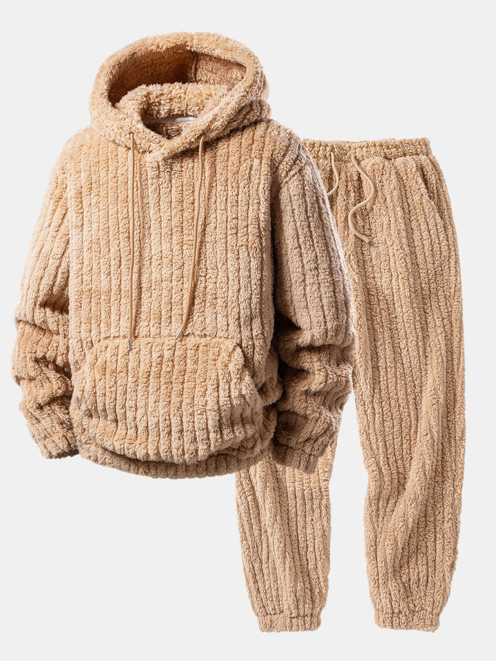 Relax Fit Stripe Kangaroo Pocket Teddy Hoodie & Jogger Pants