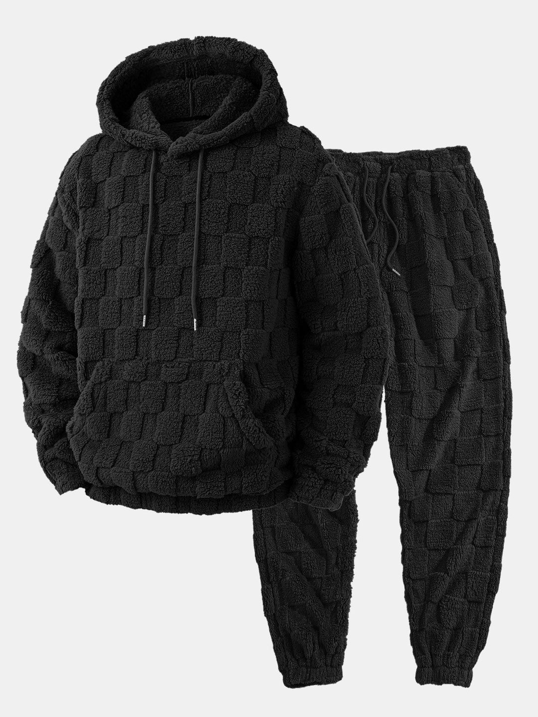 Relax Fit Checkerboard Kangaroo Pocket Teddy Hoodie & Jogger Pants