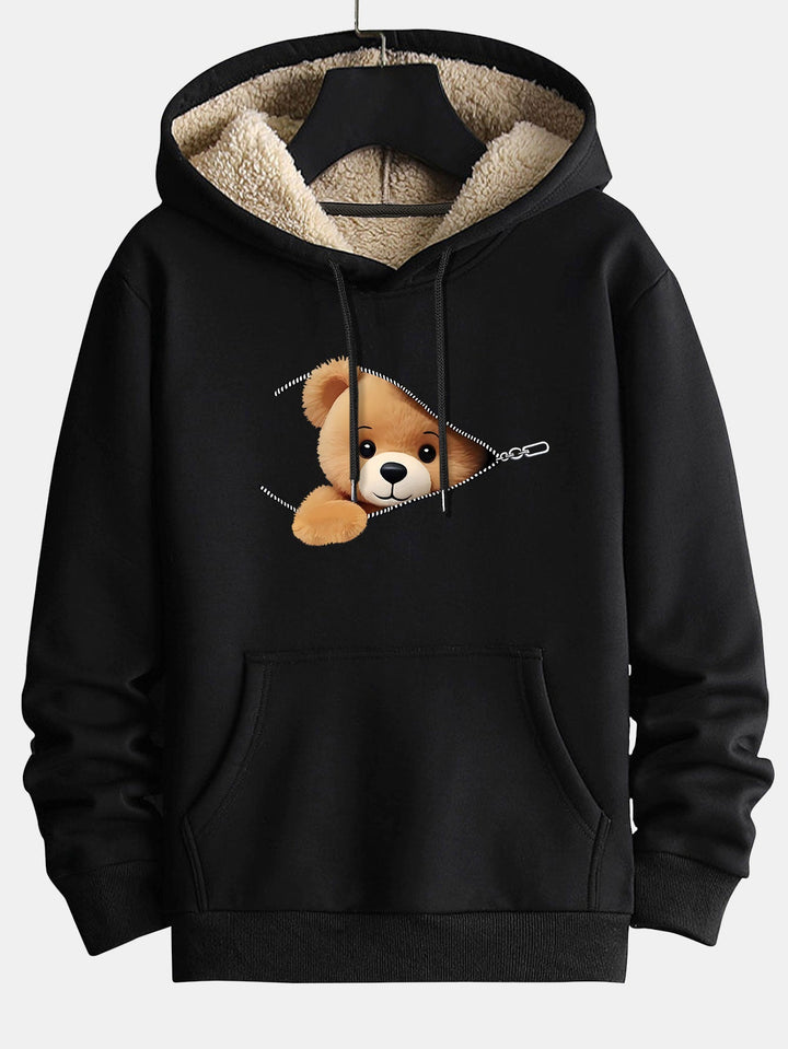 Zipper Bear Print Teddy Lined Hoodie