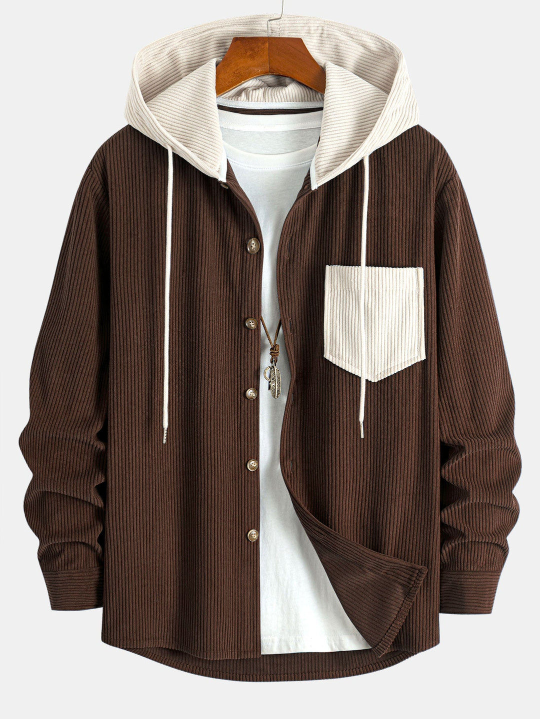 Long Sleeved Contrast Corduroy Hooded Shirt