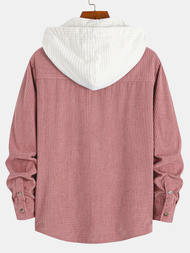 Long Sleeved Waffle Corduroy Contrast Hooded Shirt