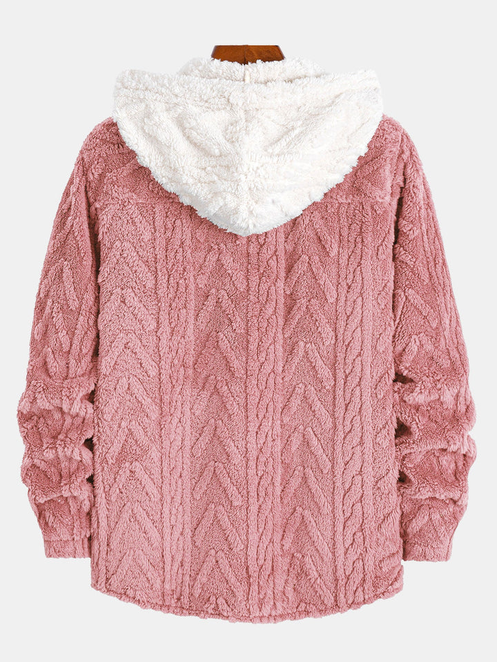 Contrast Geometric Jacquard Teddy Hooded Shirt