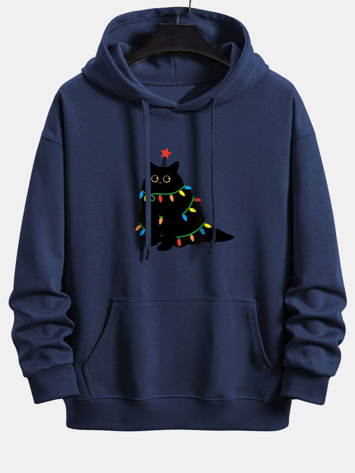 Colorful Light Black Cat Print Relax Fit Hoodie