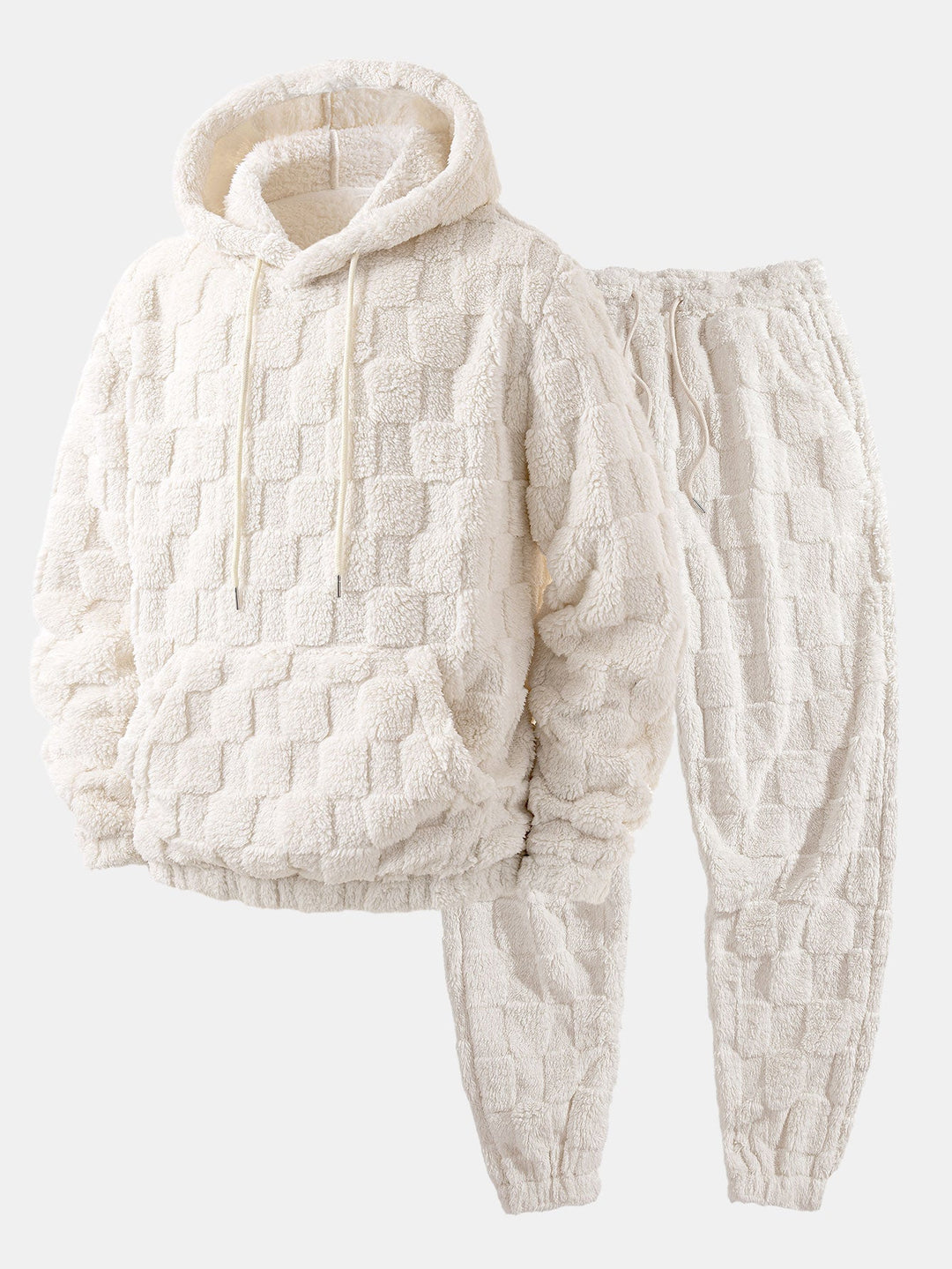 Relax Fit Checkerboard Kangaroo Pocket Teddy Hoodie & Jogger Pants