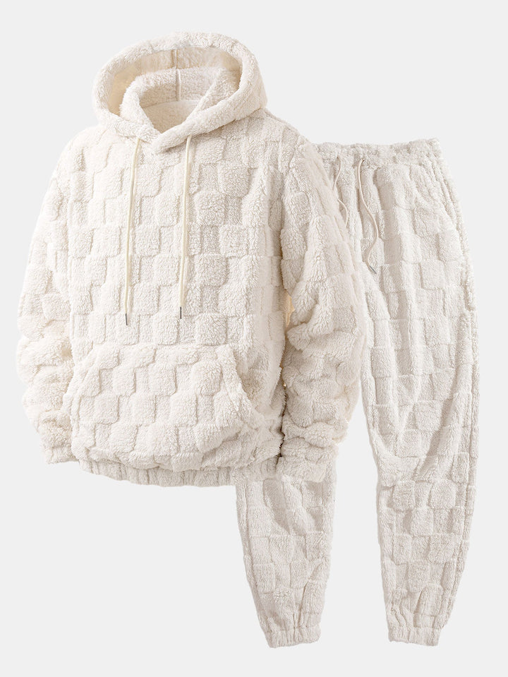 Relax Fit Checkerboard Kangaroo Pocket Teddy Hoodie & Jogger Pants