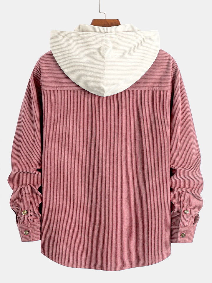 Long Sleeved Contrast Corduroy Hooded Shirt & Straight Leg Corduroy Pants