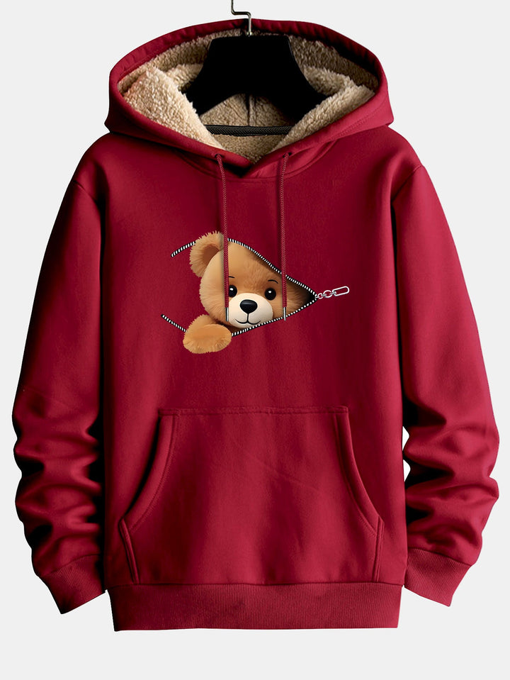 Zipper Bear Print Teddy Lined Hoodie