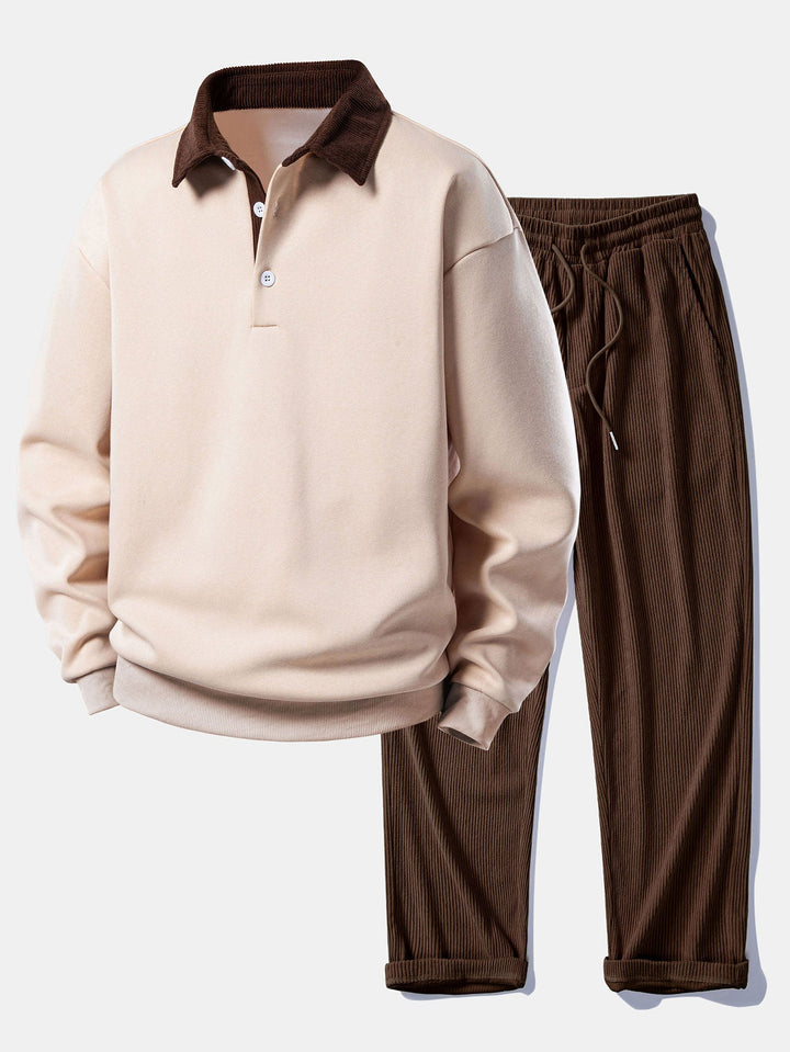 Relax Fit Contrast Corduroy Polo Collar Sweatshirt & Straight Leg Corduroy Pants