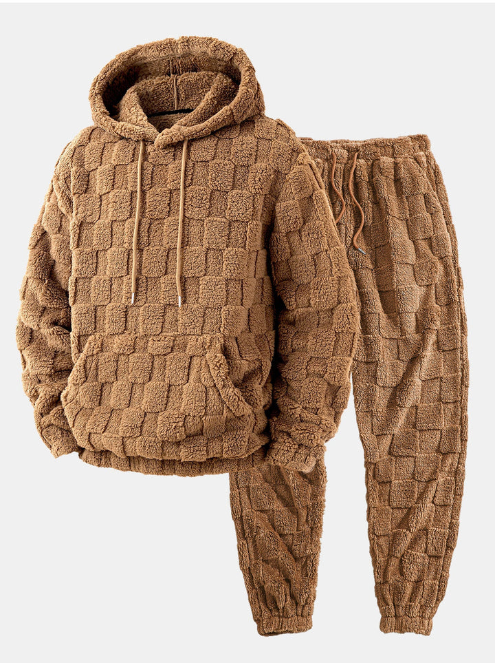 Relax Fit Checkerboard Kangaroo Pocket Teddy Hoodie & Jogger Pants
