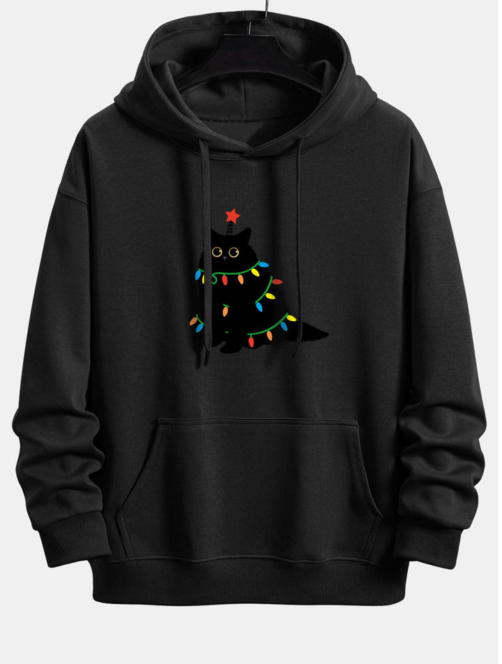 Colorful Light Black Cat Print Relax Fit Hoodie