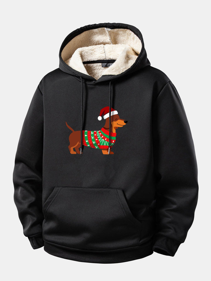 Christmas Dachshund Print Teddy Fleece Lined Drawstring Hoodie