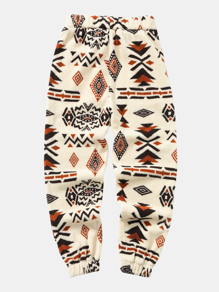 Tribal Geometry Pattern Teddy Jogger Pants